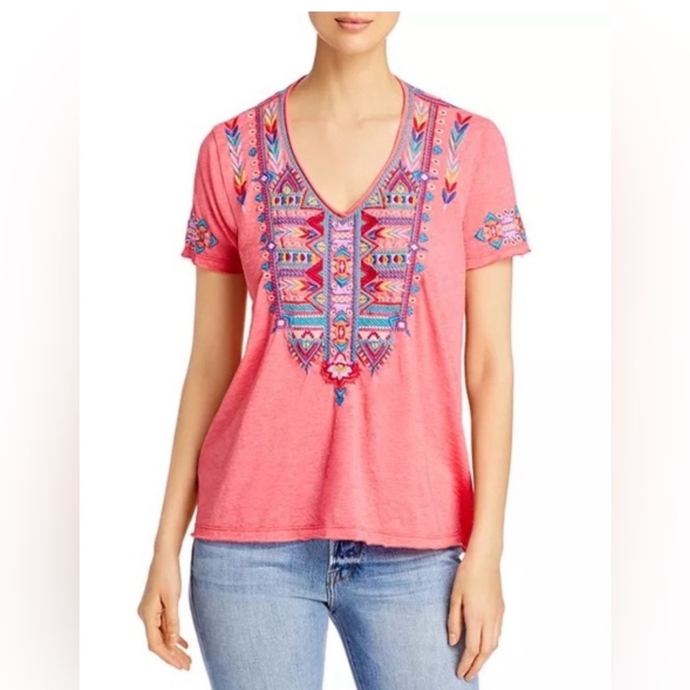 Johnny Was Laurelle Embroidered V-Neck Tee - Sz XXL